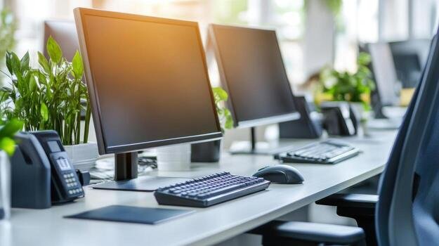 A desktop computer with monitor, keyboard, and mouse arranged on an office desk